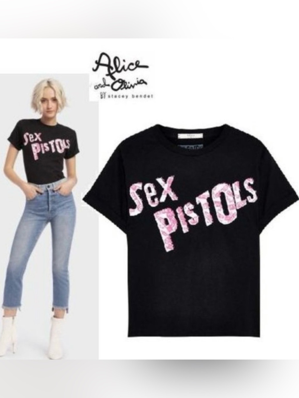 AO.LA by Alice + Olivia Shira Roll Short Sleeve Tee Sex Pistols M/L Black